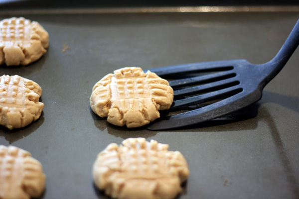 peanut butter cookies being taken off the baking sheet