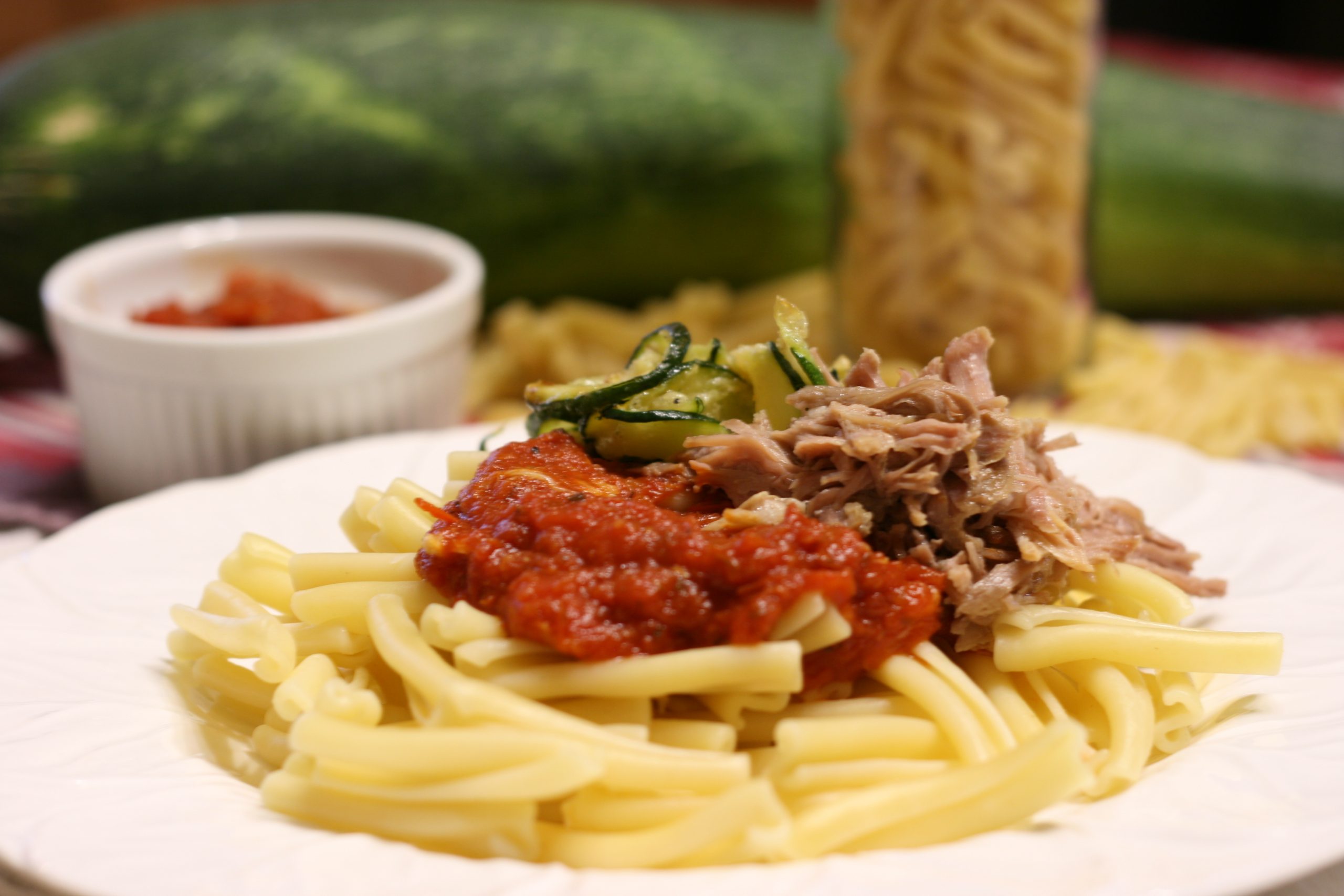 Zucchini pork and roasted garlic pasta sauce