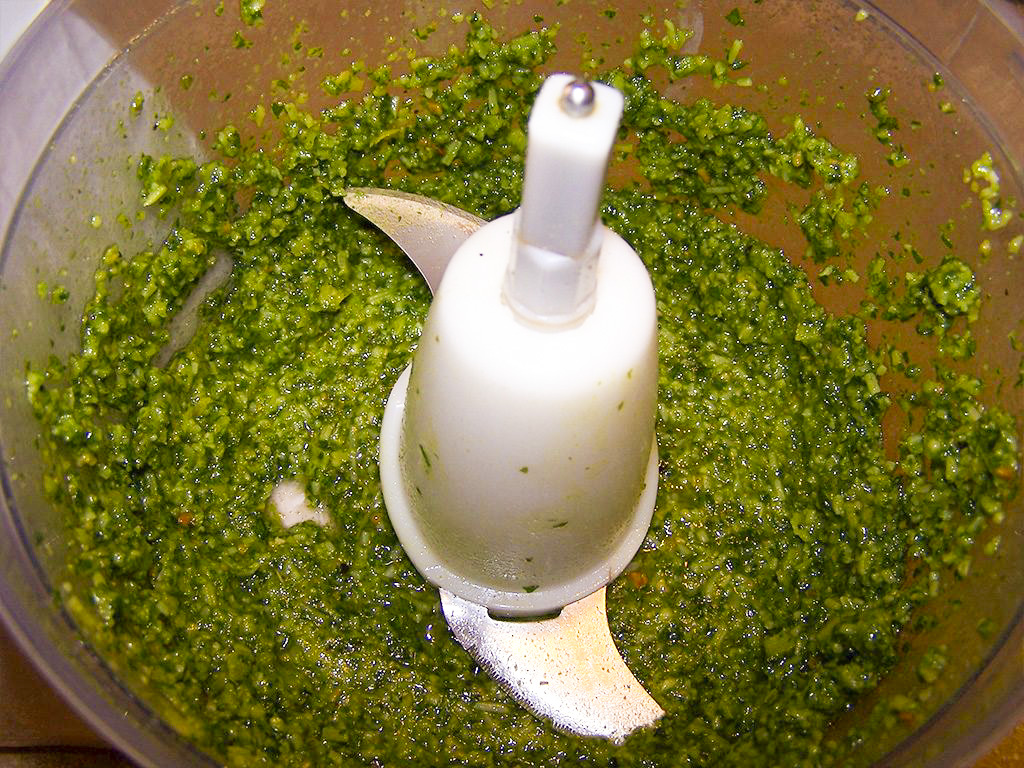 Making the basil pesto in a food processor