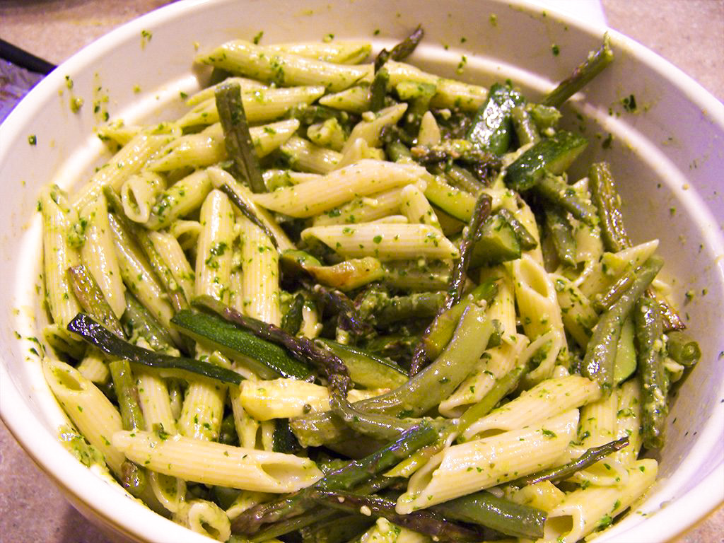 Three veggie penne in a large serving bowl