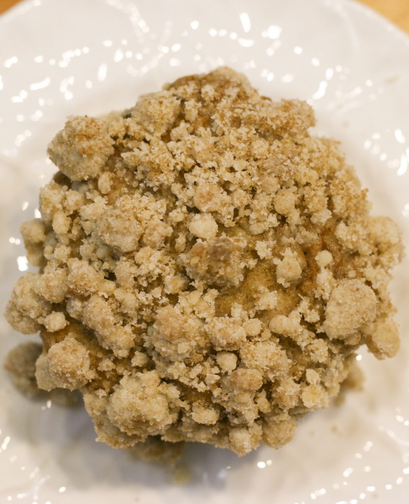 banana muffin with streusel crumb topping from the top