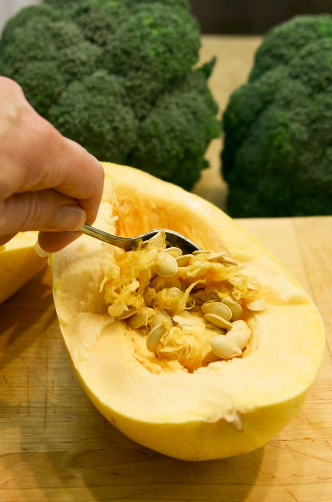 scoop the seeds out of the spaghetti squash